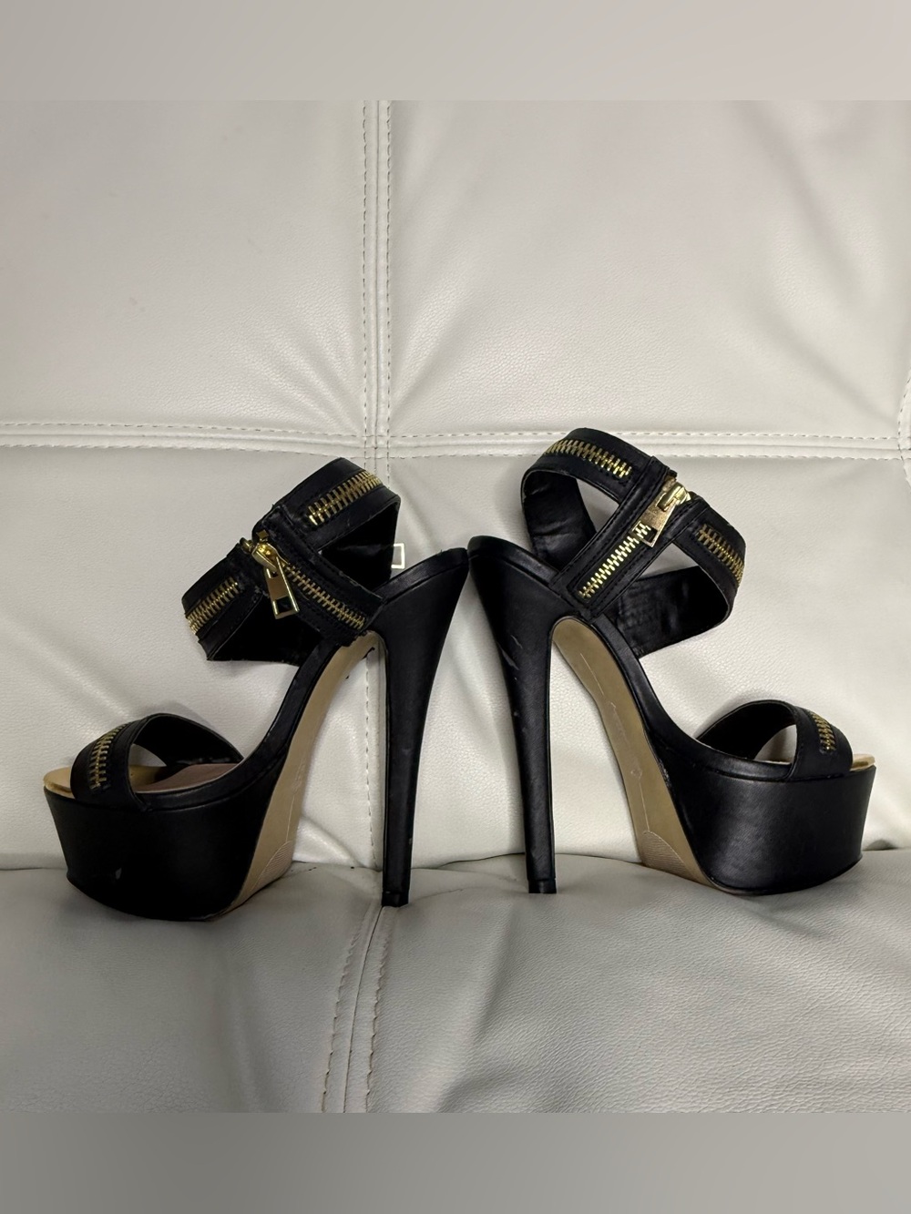 Zigi Soho Black Platform Sandals with Gold Zip Accents - Picture 9 of 9